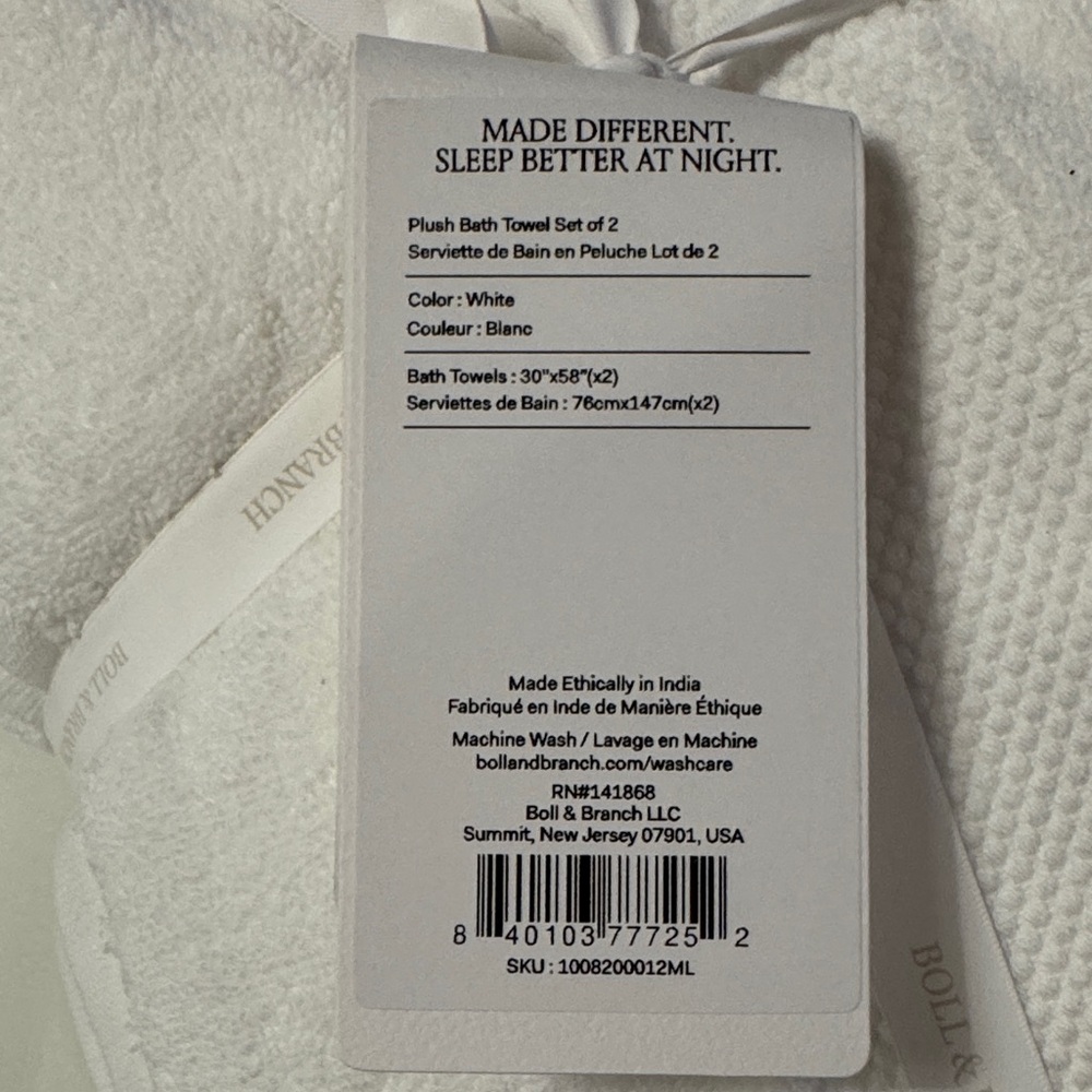 Boll & Branch Classic White Bath Towels Set of 2 - Picture 3 of 6